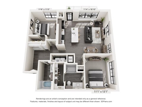 Floor plan for 2 beds, 2 baths, 1106 sqft